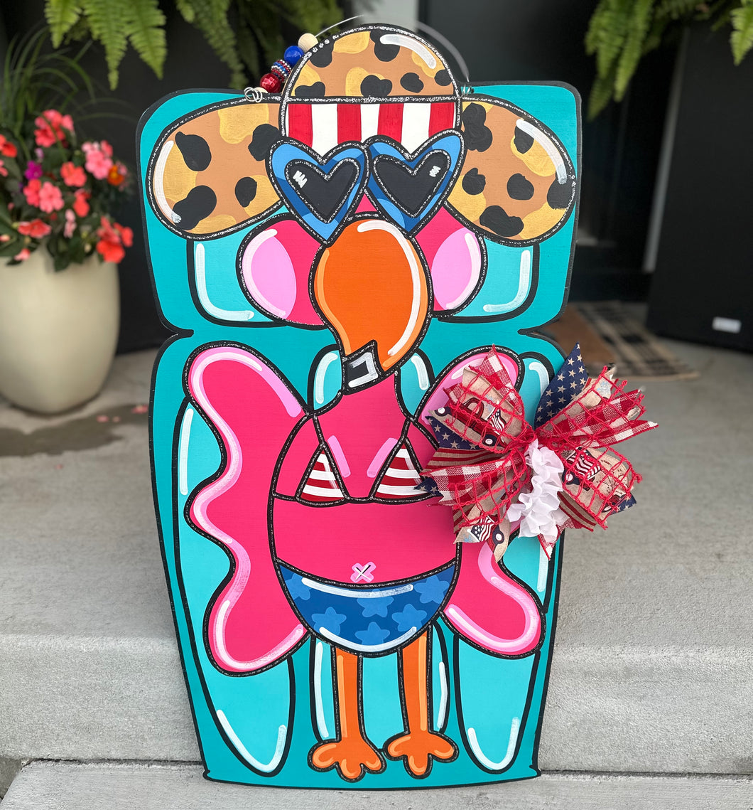 Flamingo 4th of July Door Hanger